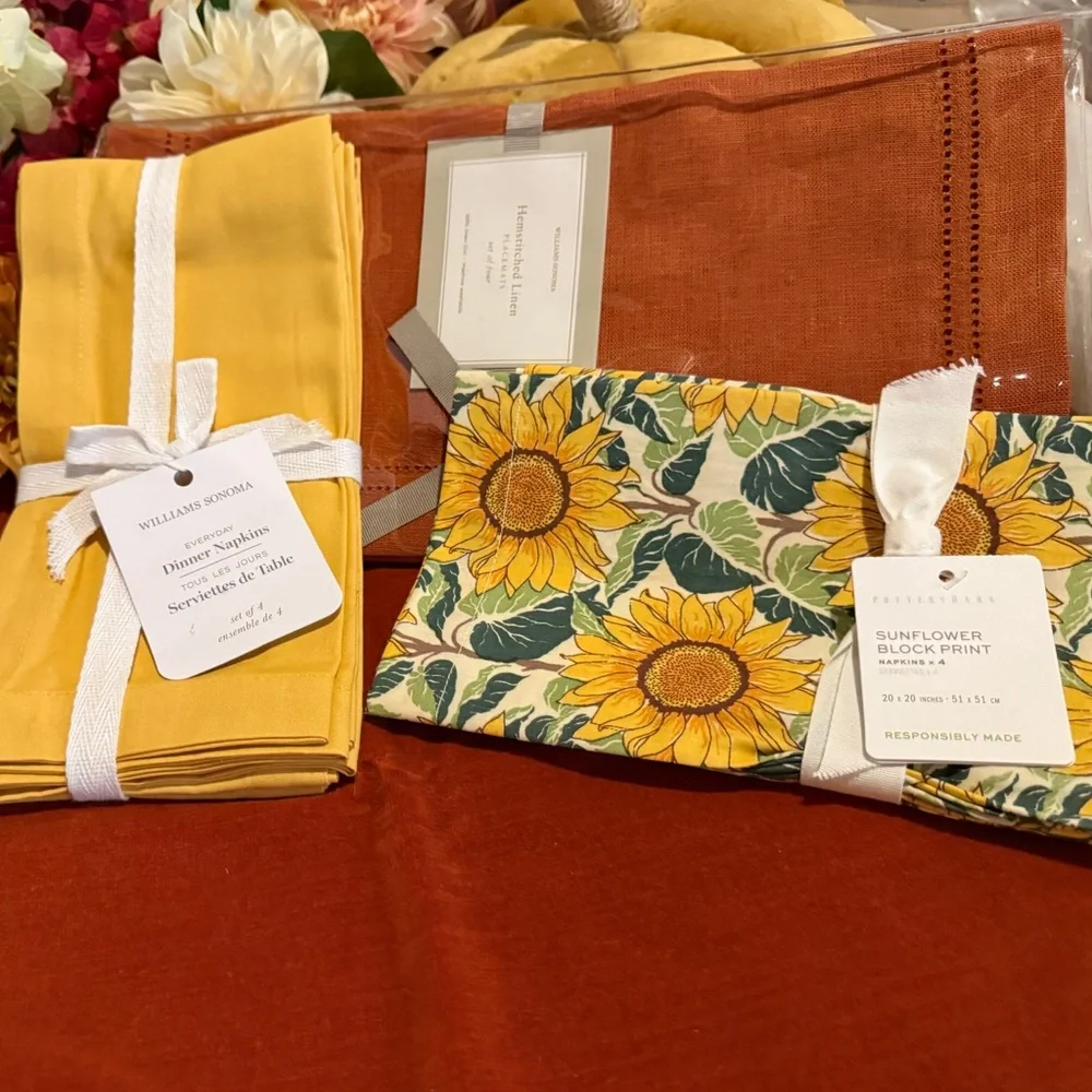 New Williams Sonoma Double Hemstitched 100% Linen Placemats, S/4, Rust Orange